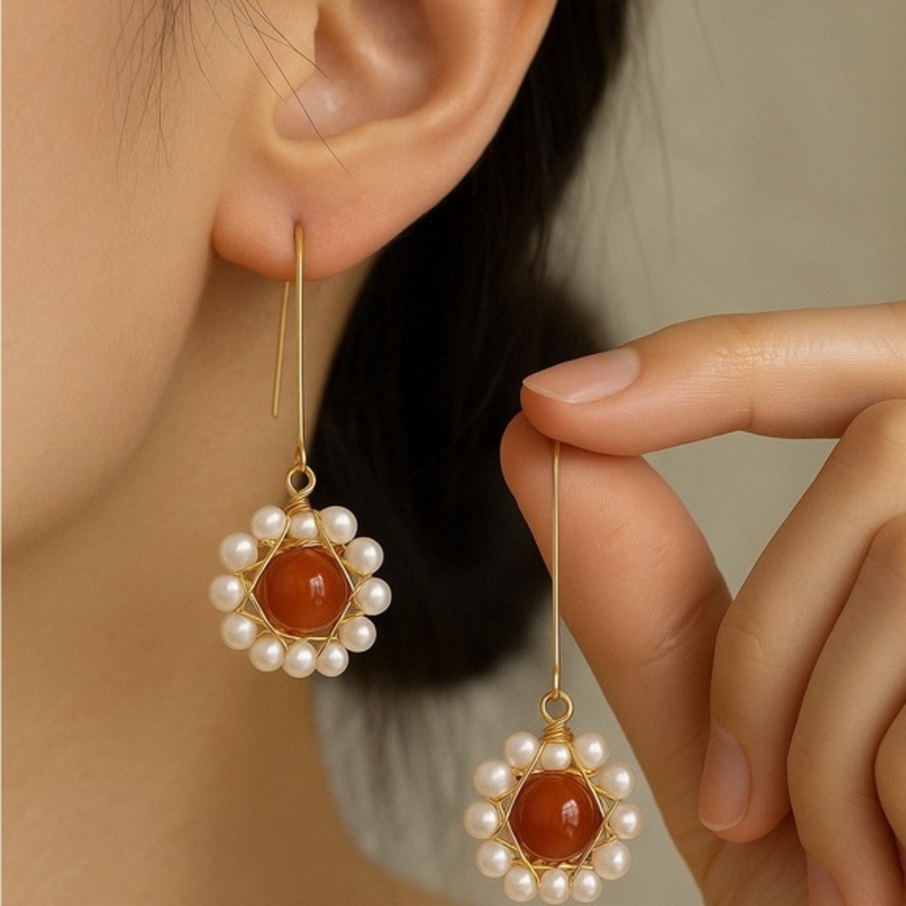 Gold Hook Earrings with‎ Pearl & Carnelian Beads – Handmade Dangle Style